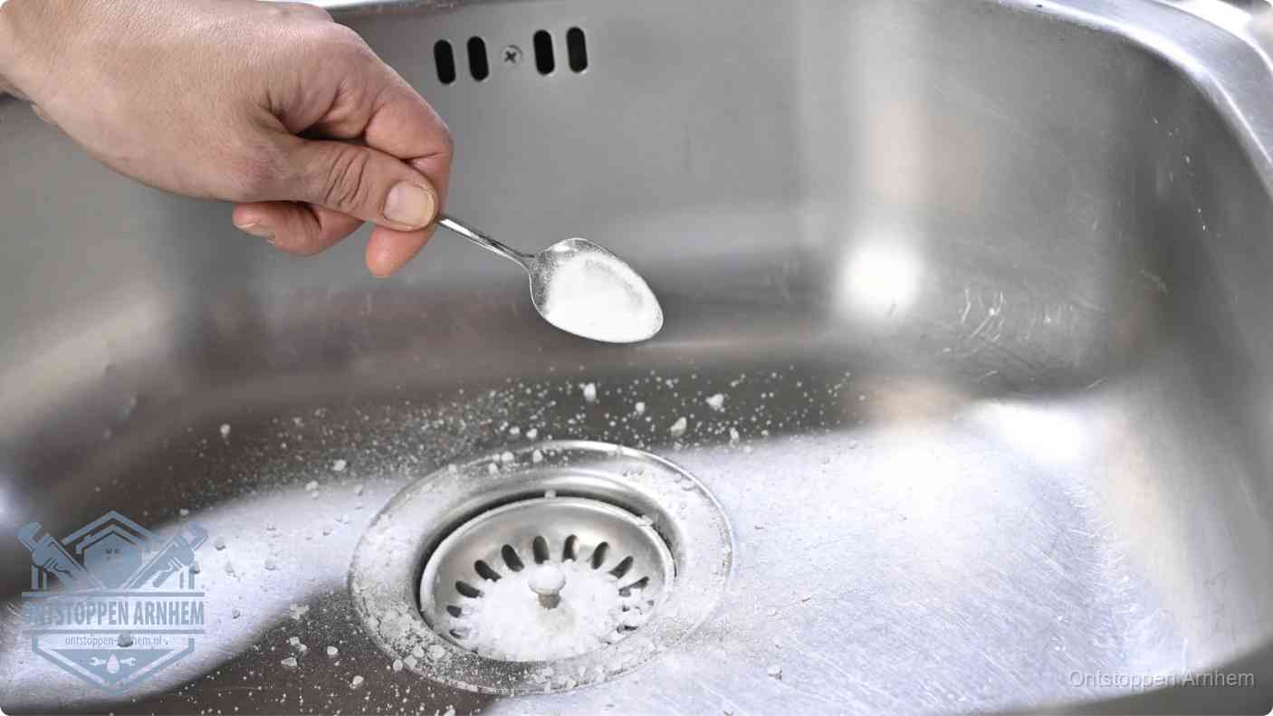 Een hand strooit met een lepel soda in een afvoerputje, de soda en azijn huismiddel-methode om de wc te ontstoppen in Arnhem